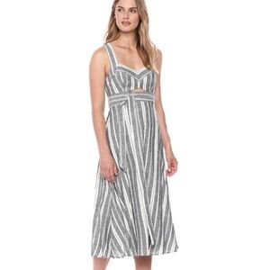 BCBGMaxAzria Blue Striped on Natural Linen Side Cut Out Maxi Dress Size 6